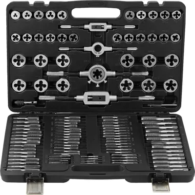Immagine prodotto di SucceBuy Set di maschi e filiere, 110 pezzi, utensili metrici M2-M18 in acciaio per cuscinetti con accessori completi e valigetta di custodia