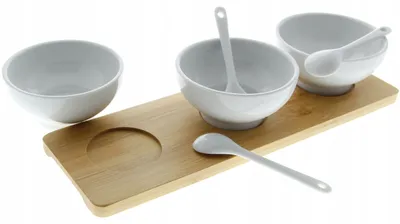 Produktbild von Supplemedica Porzellan Dip-Schalen Set mit Bambus Tablett, 3 Stück