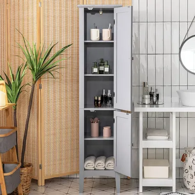 Zdjęcie produktu dla Szafka łazienkowa z 5 poziomami, szafka łazienkowa z 2 drzwiami i 5 przegrodami, szafka do toalety, kuchni, salonu, 38 x 38 x 160 cm (szara)