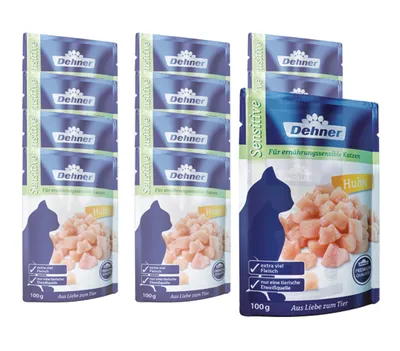 Produktbild von Dehner Premium Katzenfutter Sensitiv, Nassfutter gereidefrei, für ausgewachsene ernährungssensible Katzen, Huhn, 12 x 100 g Beutel (1.2 kg)