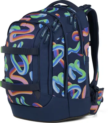 A navy blue backpack with a colorful, abstract pattern of swirling lines.