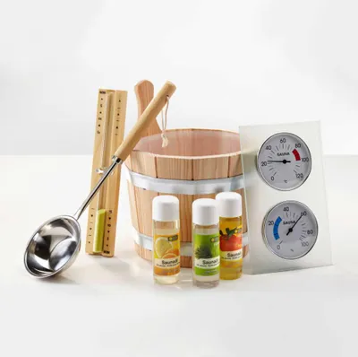 Produktbild von Infraworld 8 teiliges Saunaset Exklusiv Saunaöl Aufgusseimer Kelle Thermometer