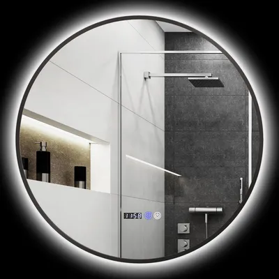 Image de HOMCOM Miroir salle de bain avec éclairage Ø 70 cm, miroir rond LED mural rétro-éclairé, intensité variable, fonction anti-buée, interrupteur tactile, affichage de l'heure et de la température, noir