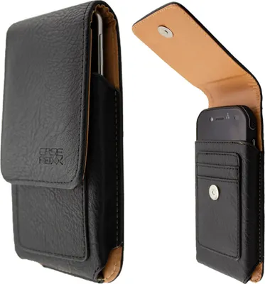 A black leather phone case with a tan interior is shown from two angles against a white background. One view shows the case closed, with the brand logo visible. The other view shows the case open, with a phone inside and a magnetic closure flap.