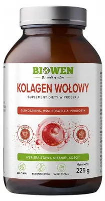 Biowen kolagen wołowy typu I II III proszek 225g skóra stawy kości