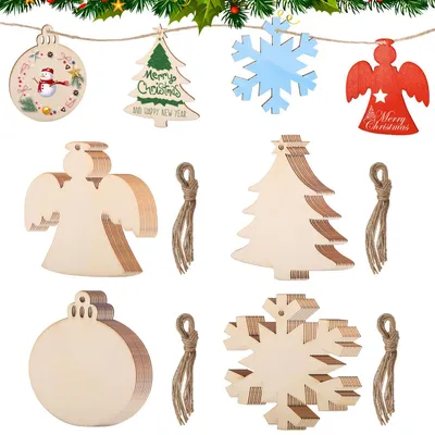 Holz-Weihnachtsbaum-Deko 40-tlg., 4 Stile, mit Schnüren, DIY