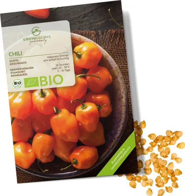 Produktbild von Chili Samen (Habanero Orange, 250.000 Scoville) - Chili Saatgut aus biologischem Anbau ideal für die Anzucht im Garten, Balkon oder Terrasse (10 Korn)