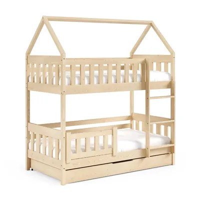 Produktbild von Etagenbett mit Matratzen und Schublade 190 x 80 cm Hausbett mit Rausfallschutz, Leiter, Kinderbett in Kiefer POLA