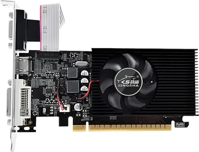 A computer graphics card with a fan and heatsink.
