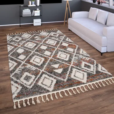 Produktbild von Hochflor Teppich Wohnzimmer Shaggy Boho Modern Skandi Rauten Fransen Grösse 200x280 cm