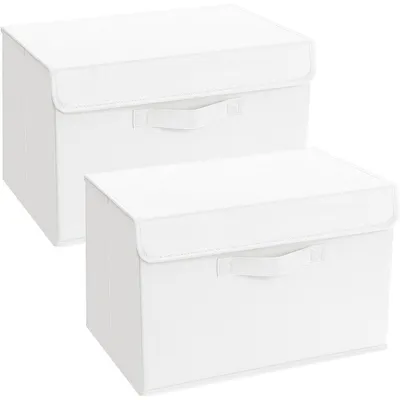 Obrázok produktu pre Úložné boxy s vekom, skladacie, s rúčkou, látkové, 2 kusy, svetlobiele, 38x25x25 cm