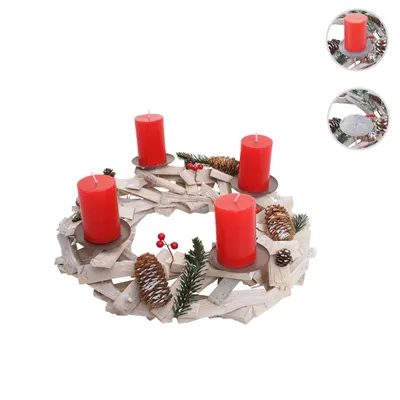 Weihnachtskerzenhalter Mit Holzfuß Kerzenhalter Adventskranz – Metall Mit Holzfuß, 4 Teelichthalter, Motiv Weihnachtsmann & Rentiere, 28x12,5x8 Cm – Rustikale Weihnachtsdeko