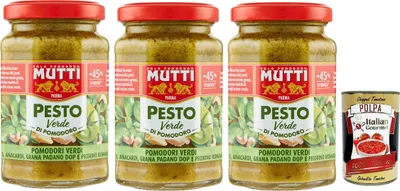 Produktbild von Mutti Pesto Verde Pomodori Verdi Grünes Tomatenpesto Pasta Sauce 100% italienische Tomate Glas 3x 180g Würzsaucen mit Cashewnüssen, Grana Padano und Pecorino Romano + Italian Gourmet polpa 400g