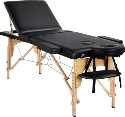 Immagine prodotto di Tavolo da massaggio pieghevole con gambe in legno e regolazione dell'altezza - Include borsa da trasporto e accessori - Lettino per trattamenti estetici