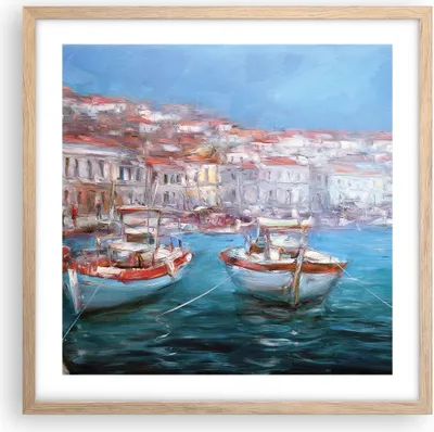 Produktbild von Gerahmtes Poster - Rahmen in heller Eiche - Öl Boote Griechenland - 50x50 cm - Wand Bild - Wanddeko - Wandbilder - Kunstposter - Wandposter - Bilderrahmen - Bilder - Kunstdruck - P2NAC50x50-4467