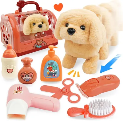 Produktbild von Interaktiver elektronischer Hund mit Zubehör – läuft  – Spielzeug Hund im Transportkäfig – Pflege- & Rollenspiel-Set für Kinder ab 3 Jahren