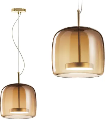 A product shot of a pendant lamp with a glass shade and a metal base, shown from two different angles.