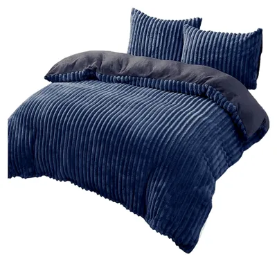 Produktbild von Bettwäsche Cashmere-Touch Teddy Plüsch Set 240x220 cm 3-teilig Cord-Optik Winter  kuschelig warm Dunkelblau Wendebettwäsche