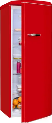 A bright red retro-style refrigerator with its door slightly ajar, revealing shelves stocked with various food items and containers.