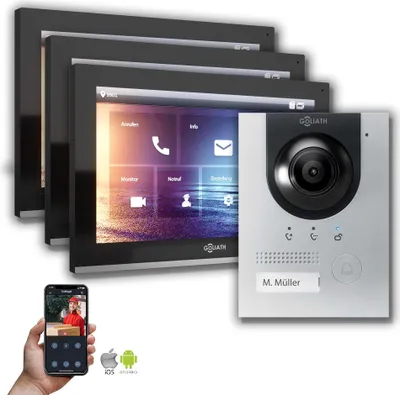Produktbild von Goliath IP Video Gegensprechanlage 3-Monitore - Silber : 10 Zoll in Schwarz : Aufputzdose : 4er POE