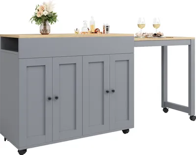 Produktbild von Abrihome ausziehbarer Esstisch Bartisch mit Stauraum, Kücheninsel mit Rollen, Servierwagen Bistrotischmit mit 6 Ablageflächen Stehtisch Stauraum, Grau