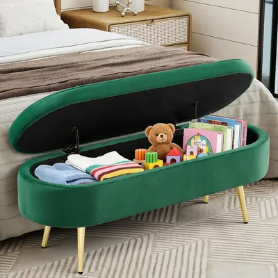 Produktbild von Weiche Velvet-Aufbewahrungsbank grün, Metallbeine & Massivholzrahmen, 20L Stauraum, 110x40x42 cm – für Schlafzimmer, Wohnzimmer & Flur (Schuhbank)