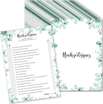 Produktbild von MAVANTO® Hochzeitsquiz für Gäste und Brautpaar - Spaßiges Hochzeitsspiel mit witzigen Fragen für sichere Lacher (Eukalyptus, 50x Stück)