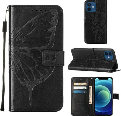 Produktbild von iPhone 12 Hülle, Schmetterling Prägung Flip Leder Kartenfächer Schutzhülle Ledertasche mit Ständer für iPhone 12 Schwarz