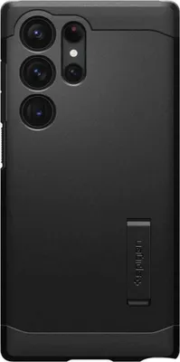 A black phone case with a kickstand is shown from the back.