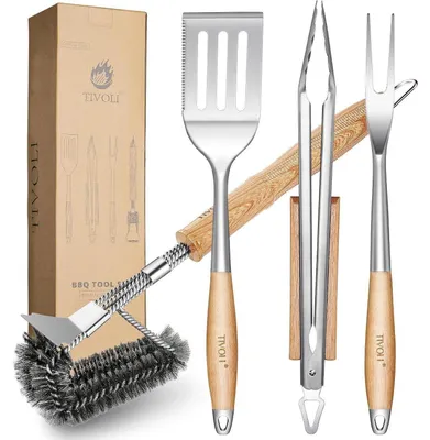 Immagine prodotto di Set di utensili per barbecue, 4 pezzi, in acciaio inossidabile con manici in legno: pinza per barbecue, spatola, spazzola per barbecue, forchetta per barbecue