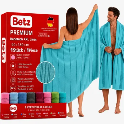 Produktbild von Betz Badetuch XXL Lines 90x180 cm – 100% Baumwolle, weich & saugstark – Strandtuch für Urlaub, Pool, Sauna, Outdoor – modernes Streifendesign - türkis
