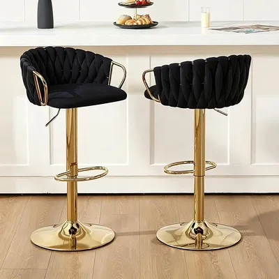 Produktbild von 2er Set Barhocker Höhenverstellbar Samtstoff 360° Drehbar Schwarz | Barstuhl Küchenhocker mit Geflochtener Lehne Fußstütze, Metallgestell, für Restaurant Bar