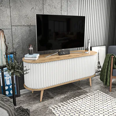 Image de Meuble TV Decorotika Stor avec porte coulissante et pieds en bois, pour téléviseurs jusqu'à 53 pouces | Chêne foncé et blanc