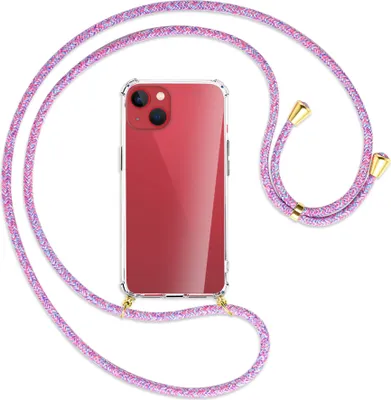 Produktbild von Handykette Backcover-Schutzhülle mit Band (Metall goldfarben) für Apple iPhone 13 - lila/rosa/blau