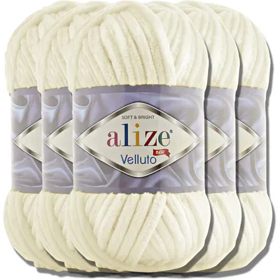 Produktbild von Alize 5x 100g Velluto dicke Wolle, Uni, Chenille, Häkeln, Stricken (Light Cream | 62)