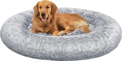 Produktbild von Feandrea flauschiges Hundebett, Katzenkorb, Donut-Kissen, waschbar, herausnehmbare Mittelfüllung, Langplüsch, 120 cm Durchmesser, ombre grau