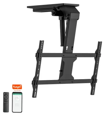 A black motorized TV ceiling mount is shown against a white background, with a remote control and a smartphone displaying a smart home app.