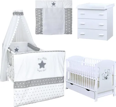 Produktbild von Baby-Delux Babyzimmer Babybett Wickelkommode Weiss Bettwäsche Komplett Superstar