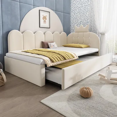 Obrázek produktu pro Dětská postel Flieks s rozkládacím lůžkem 90x200 cm a vysouvacím lůžkem 90x190 cm, čalouněná dětská postel s čelem ve tvaru koruny, denní postel Daybed, sametová, béžová