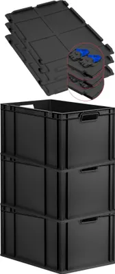 Produktbild von SuperSparSet 3x Eurobox NextGen Grip mit Scharnierdeckel und blauen Schiebeschnappverschlüssen | HxBxT 32x40x60cm | 65 Liter | Schwarz | Griffe offen | Verstärkter Boden | Eurobehälter, Transportbox, Transportbehälter, Stapelbehälter
