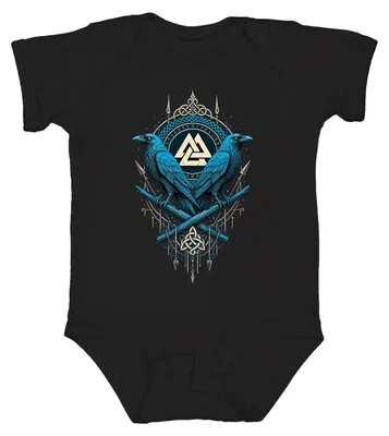 Immagine prodotto di Body per neonato, nero, con le immagini di Odin, Raben, Hugin, Munin, Valknut, rune, vichinghi, guerriero, Valhalla, Asgard, taglia 6/12 mesi