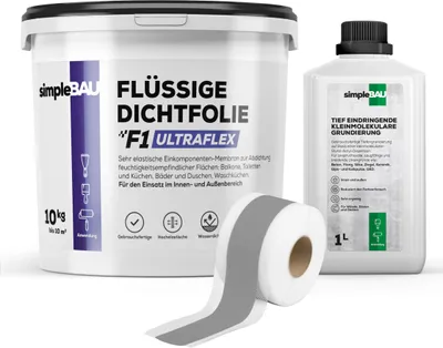 Produktbild von SimpleBau F1 Ultraflex Dichtset Flüssig-Dichtfolie + Grundierung + elastisches Dichtband, 10kg + 1l + 5M
