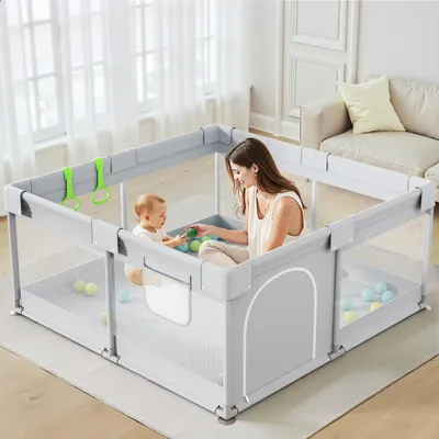 Produktbild von Laufgitter 120 x 120 cm – Kleines, sicheres Laufgitter mit atmungsaktivem Netzgewebe, ideal für Babys beim Krabbeln oder Laufenlernen., Grau