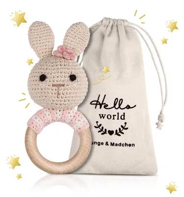 Produktbild von Gehäkelte Babyrassel Hase aus Holz, Greifling für Babys, Geschenk zur Geburt