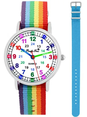 Produktbild von Kinder Armbanduhr Mädchen Jungen Uhr Lernuhr Einschulung 2 Armbänder Regenbogen hellblau