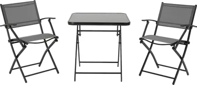 Image de Ensemble de balcon pliable Fortuna Lai pour 2 personnes avec table et 2 chaises en métal et maille métallique noir-gris pour jardin et terrasse