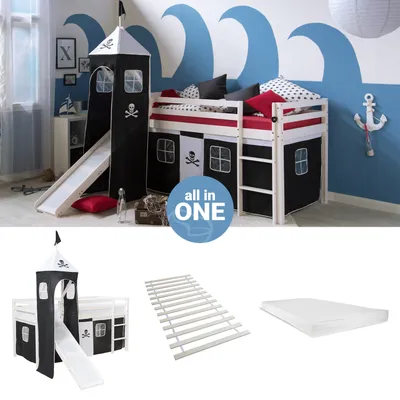 Produktbild von Homestyle4u Hochbett 90x200 mit Matratze Turm Rutsche Vorhang schwarz Pirat Kinderbett Weiß Holz Kiefer Massiv Lattenrost