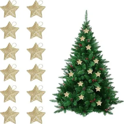 Productafbeelding van 12 Stuks Gouden Kerstboomsterren Decoratiehangers voor Feestelijke Kerstversiering