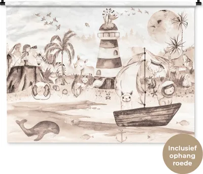 Produktbild von MuchoWow® Wandteppich Wandbehang Strand - Kinder - Leuchtturm - Alpaka - Meer - Tiere 150x112 cm Tapisserie Dekoration Wandtuch - Wanddecke - Wandteppiche