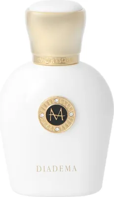 A white perfume bottle with gold accents.